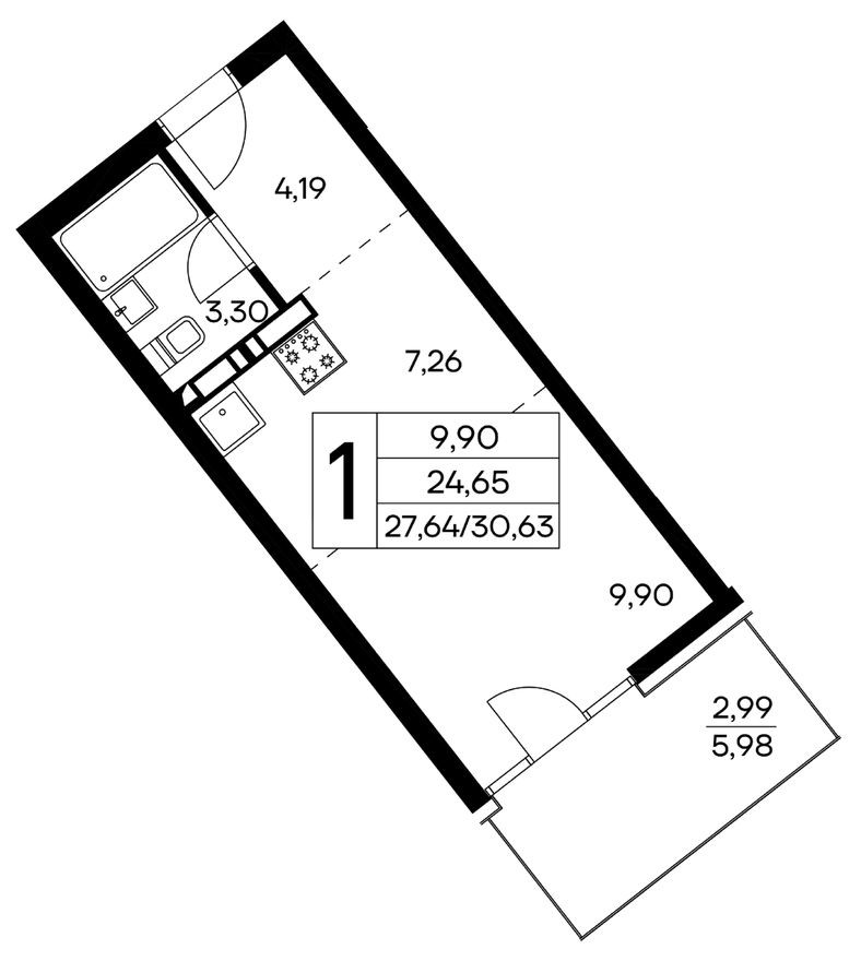 1к. квартира, 30.6 м²