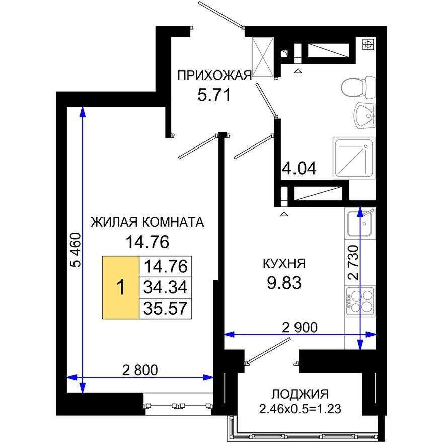 1к. квартира, 35.6 м²