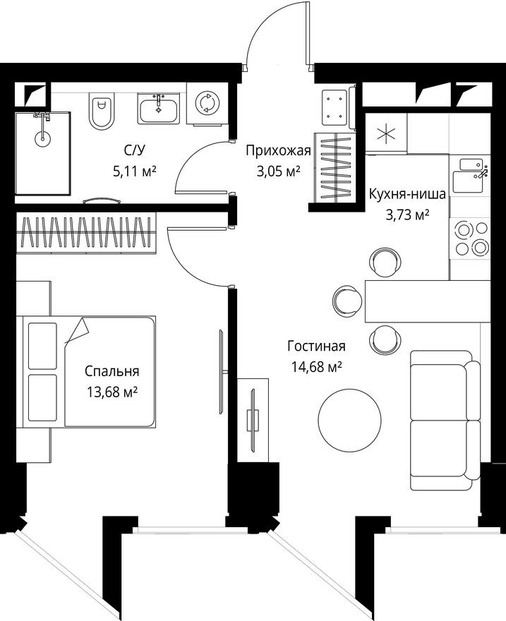 1к. квартира, 40.2 м²
