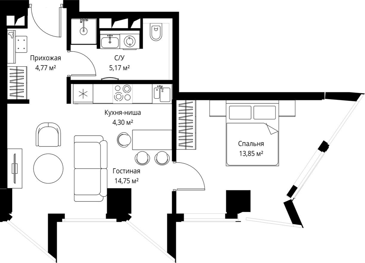 1к. квартира, 43.1 м²