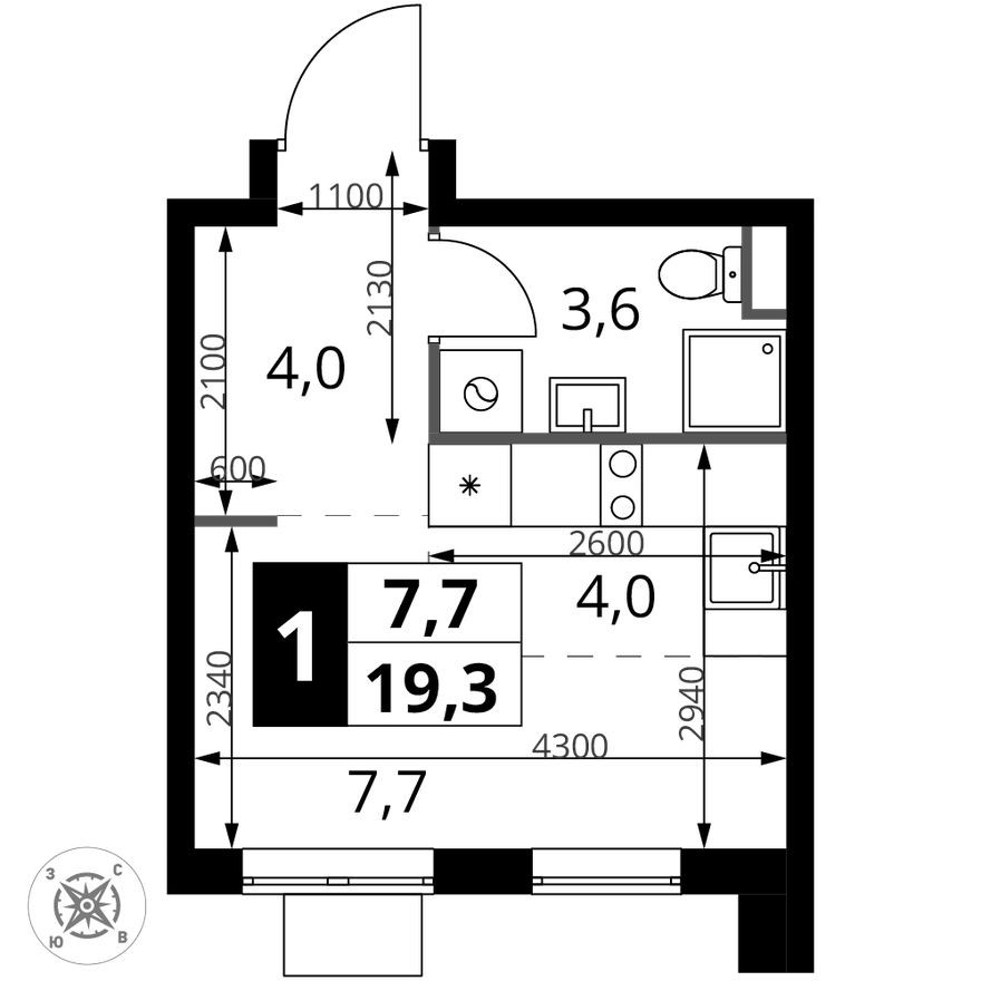 Студия-квартира, 19.3 м²