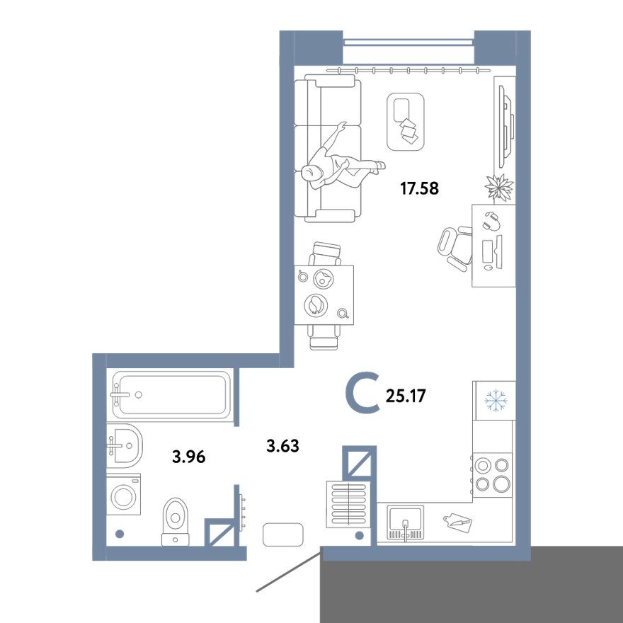 Студия-квартира, 25.2 м²