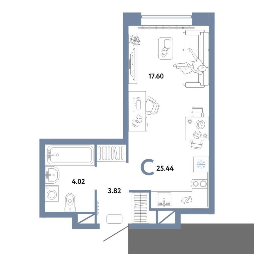 Студия-квартира, 25.4 м²