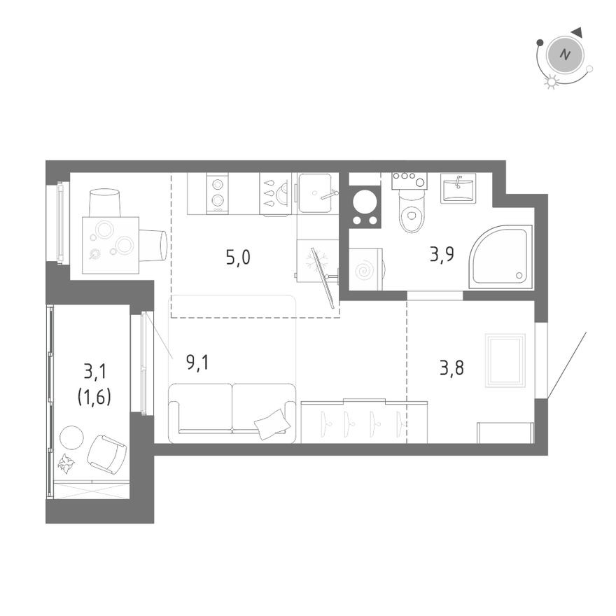 Планировка — Студия-квартира, 23.4 м²