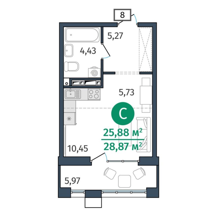 Студия-квартира, 25.9 м²
