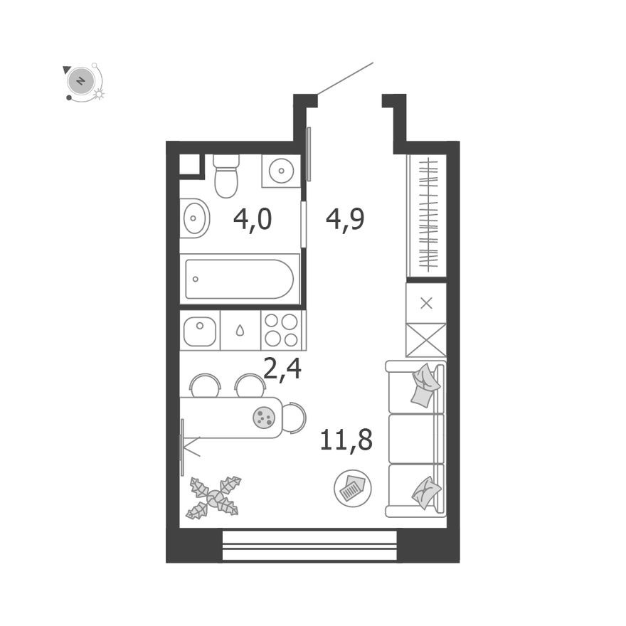 9к. квартира, 23.1 м²