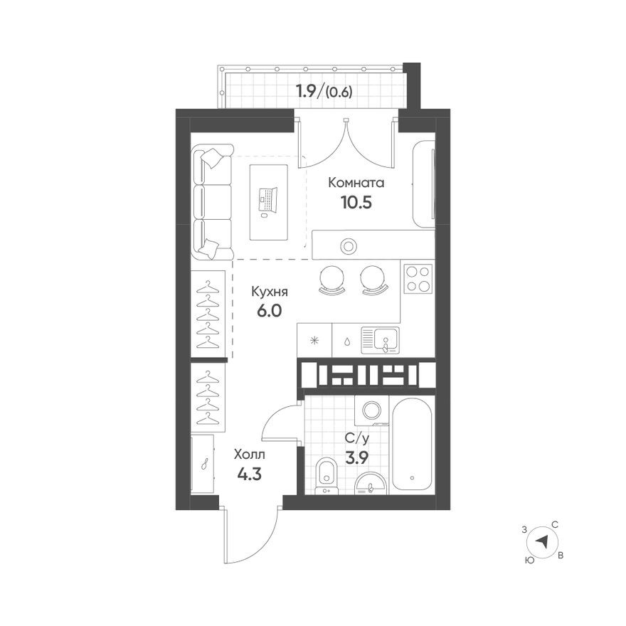 Студия-квартира, 25.3 м²