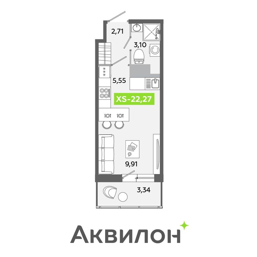Студия-квартира, 22.3 м²