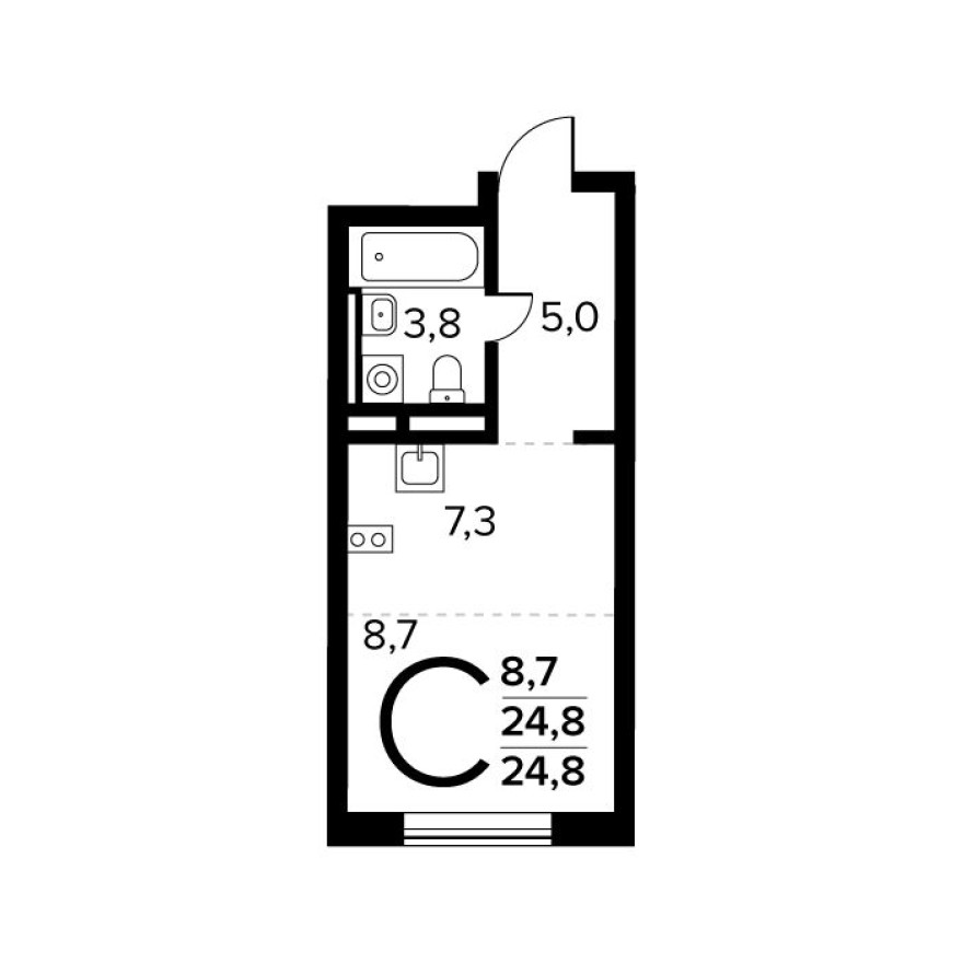 Студия-квартира, 24.8 м²