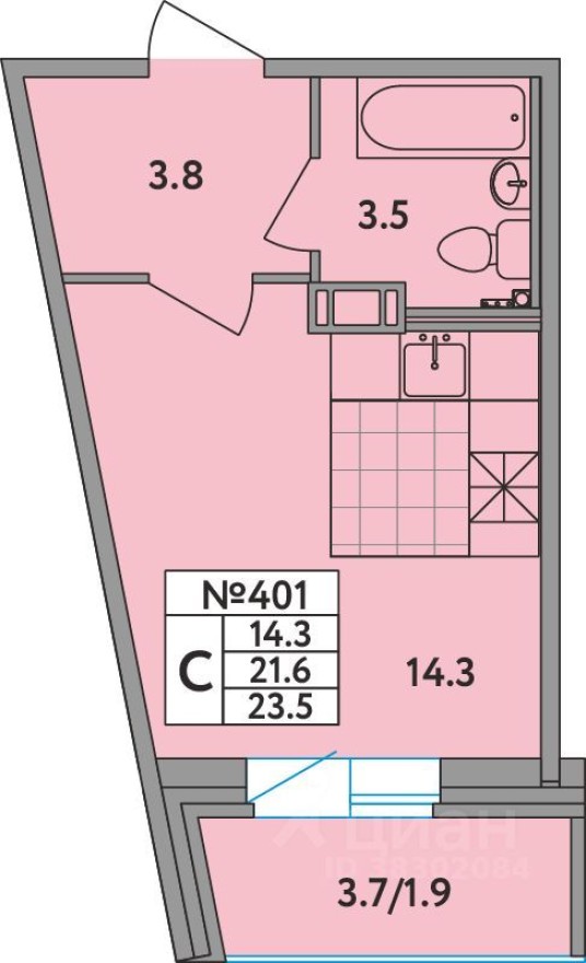 1к. квартира, 23.5 м²