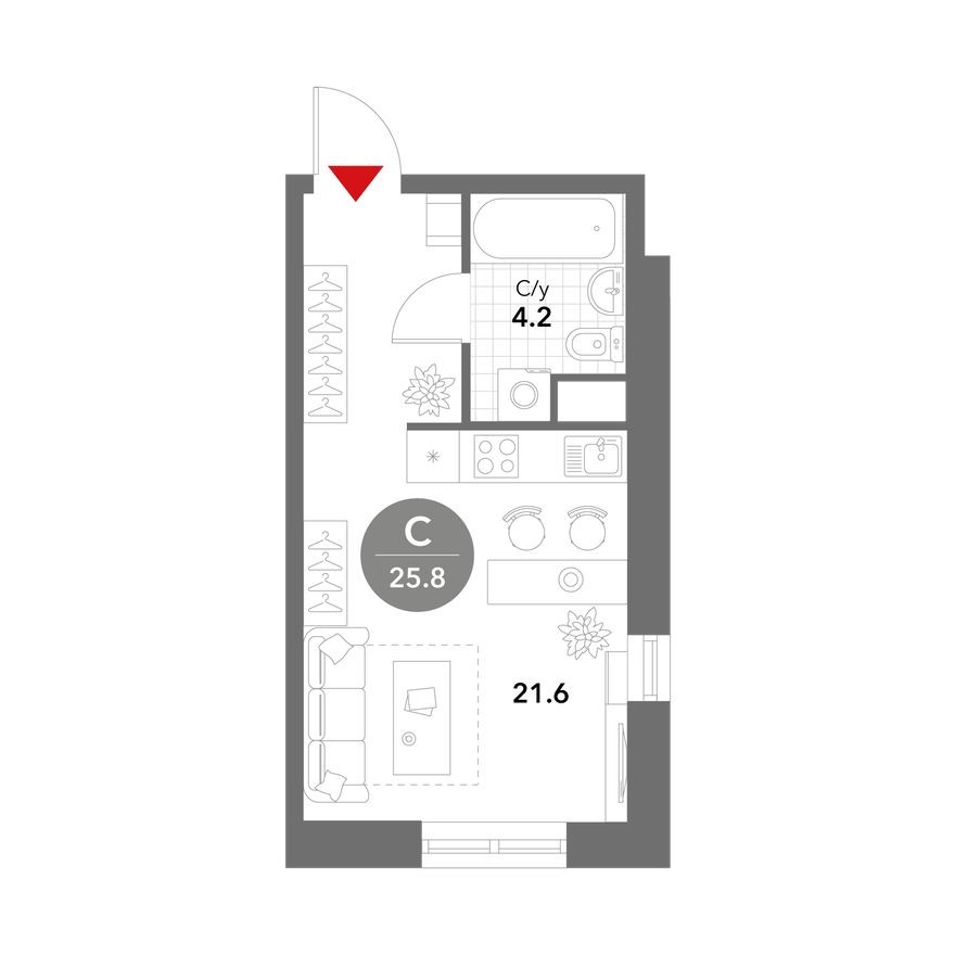 Студия-квартира, 25.8 м²