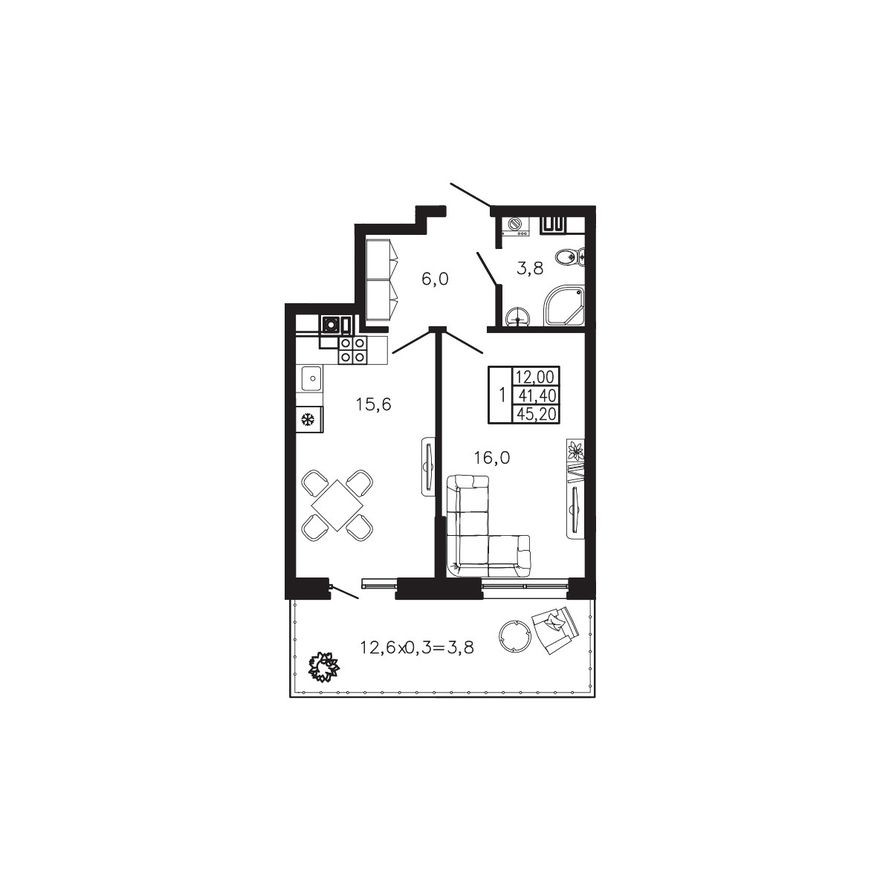 1к. квартира, 45.2 м²