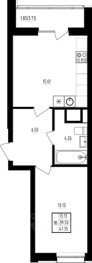 1к. квартира, 41.1 м²