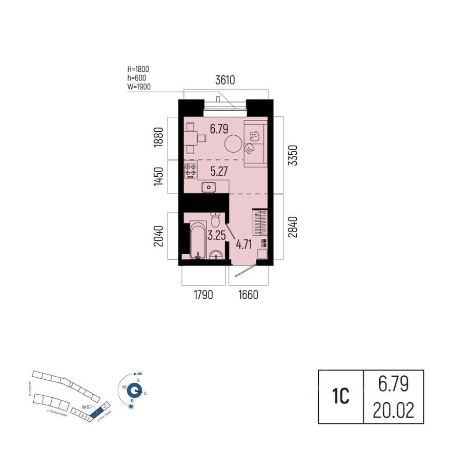 1к. квартира, 20.0 м²