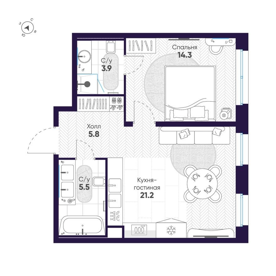 Планировка — 1к. квартира, 50.7 м²