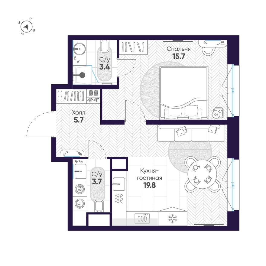 1к. квартира, 48.3 м²