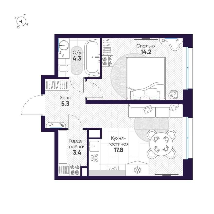 Планировка — 1к. квартира, 45.0 м²