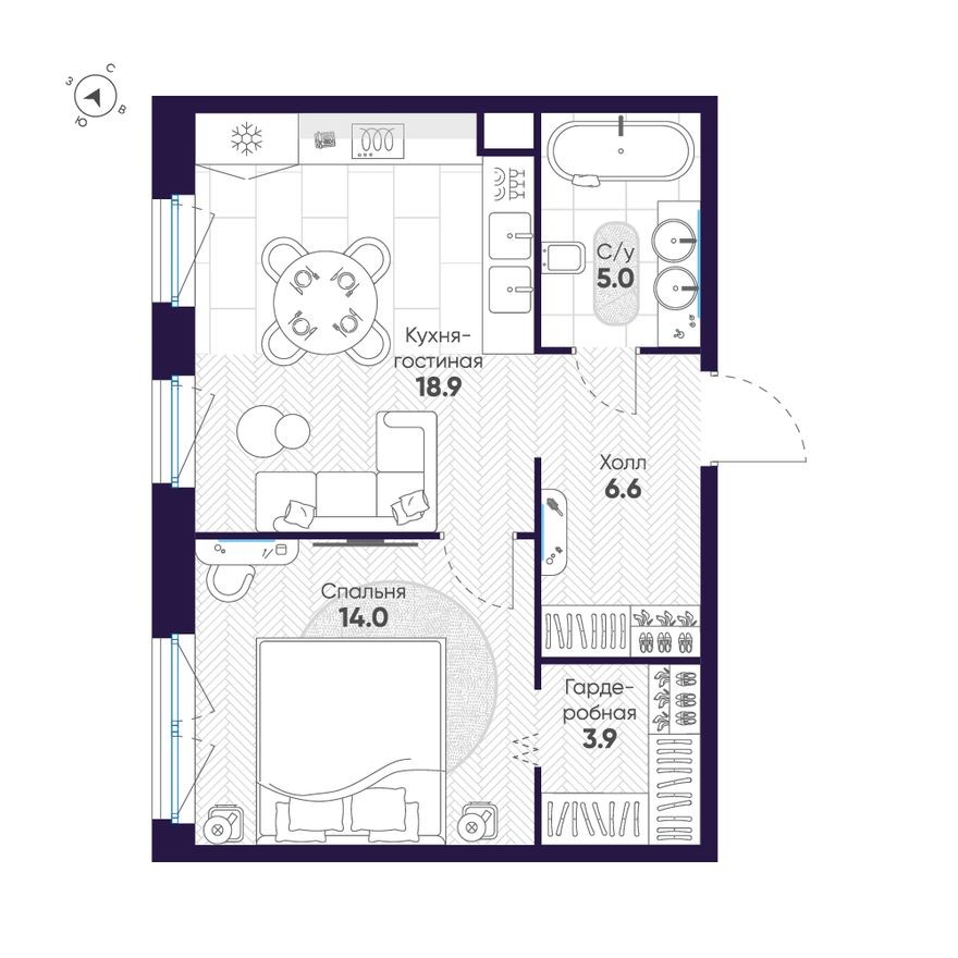 1к. квартира, 48.4 м²