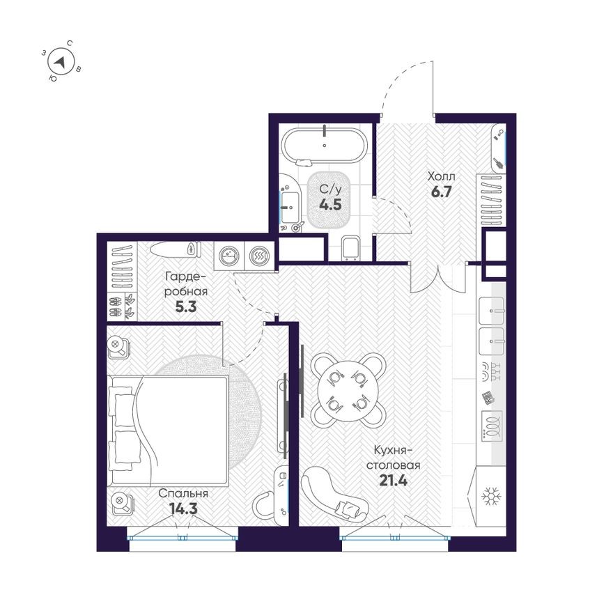 1к. квартира, 52.2 м²