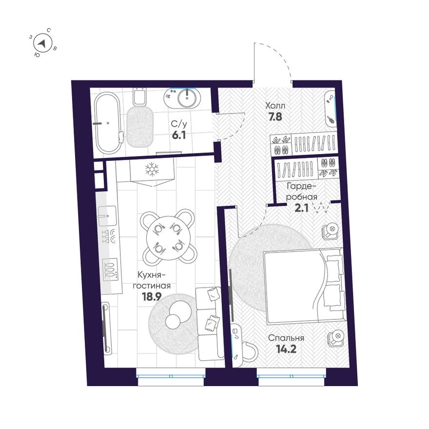 1к. квартира, 49.1 м²