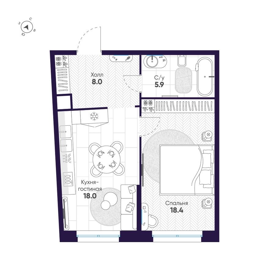 1к. квартира, 50.3 м²