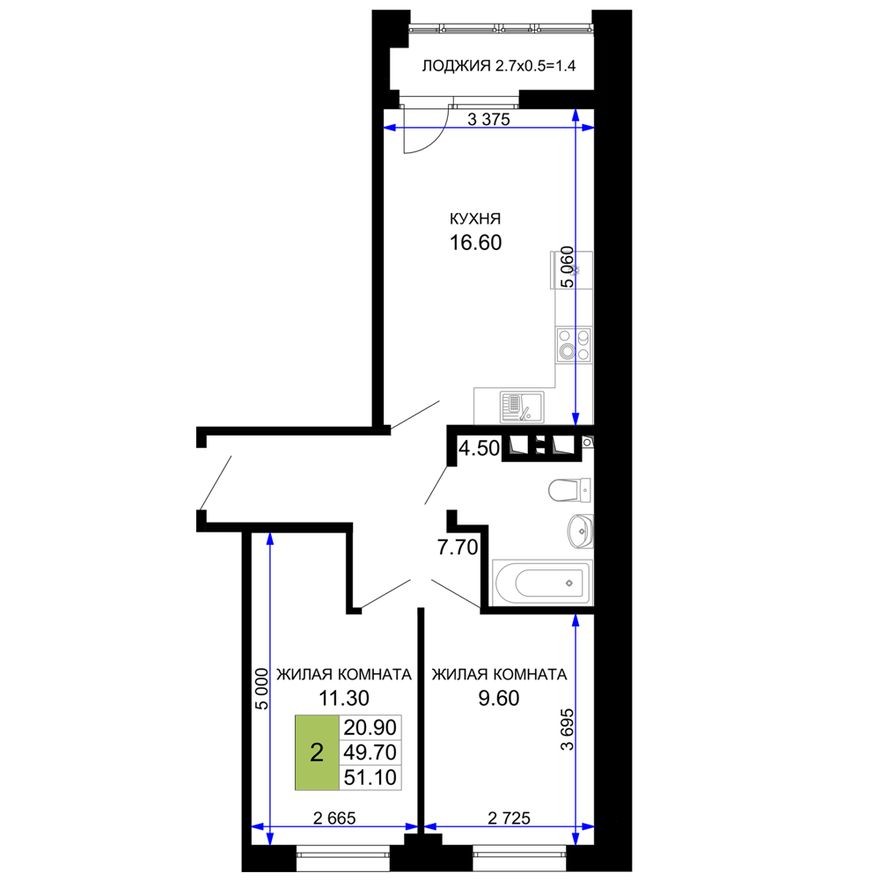 2к. квартира, 51.1 м²