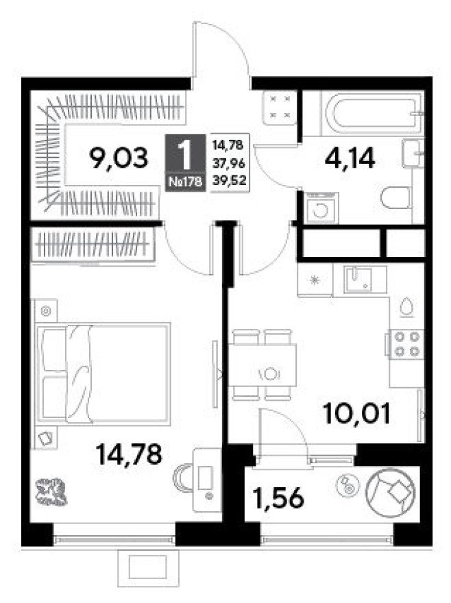 1к. квартира, 39.5 м²