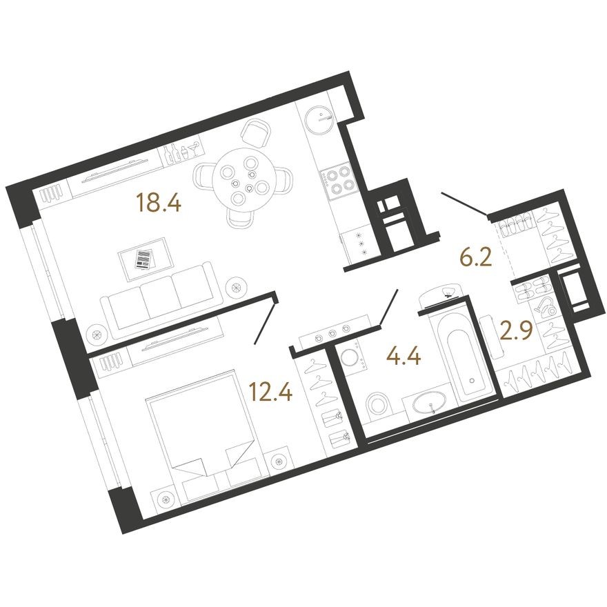 1к. квартира, 44.3 м²