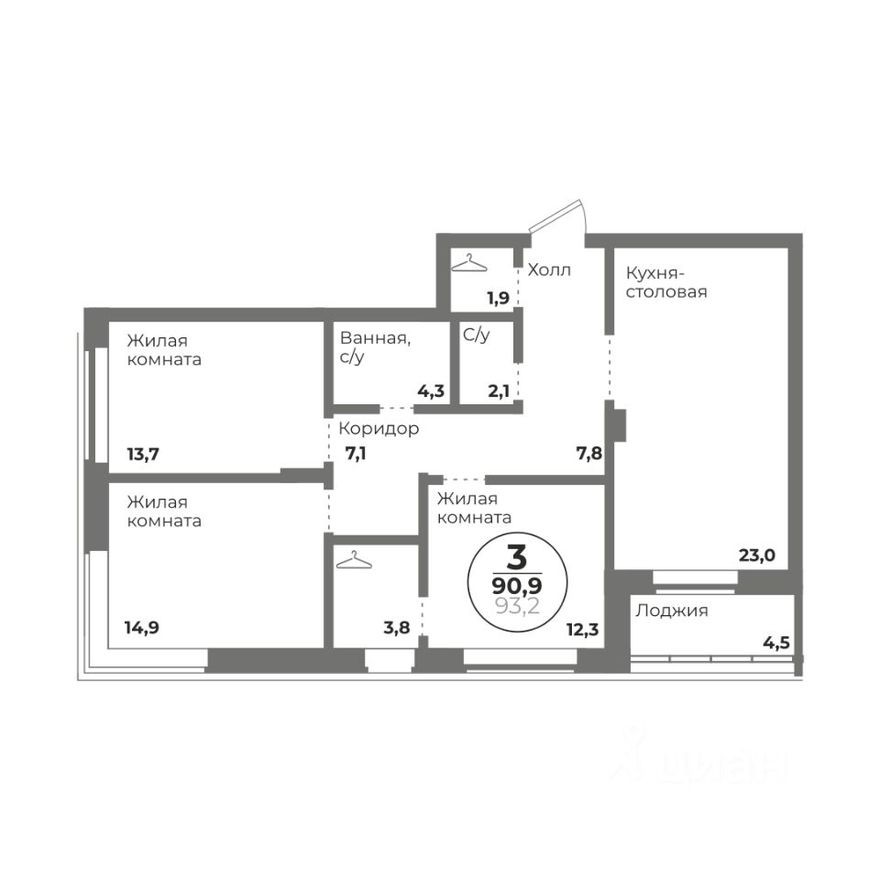 3к. квартира, 90.9 м²