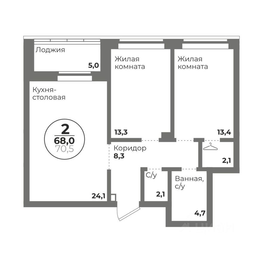2к. квартира, 68.0 м²
