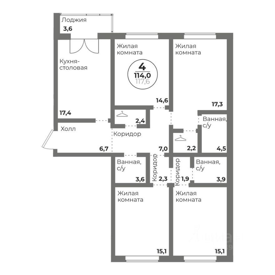 4к. квартира, 114.0 м²