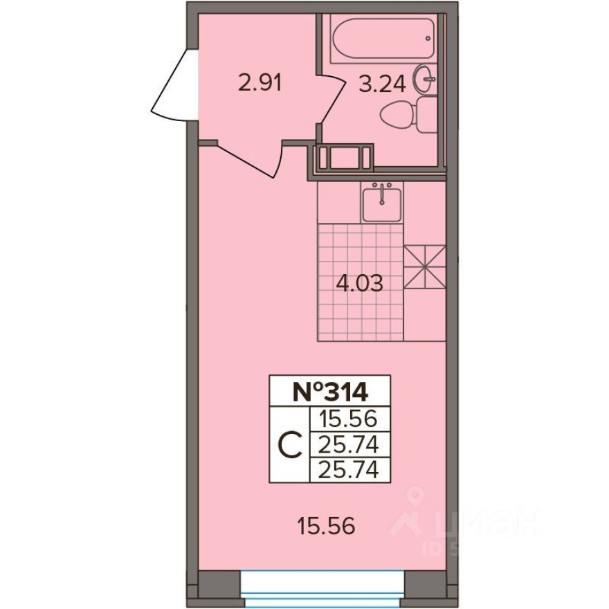 1к. квартира, 25.7 м²