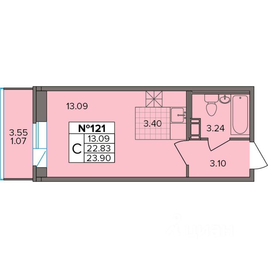 1к. квартира, 23.9 м²