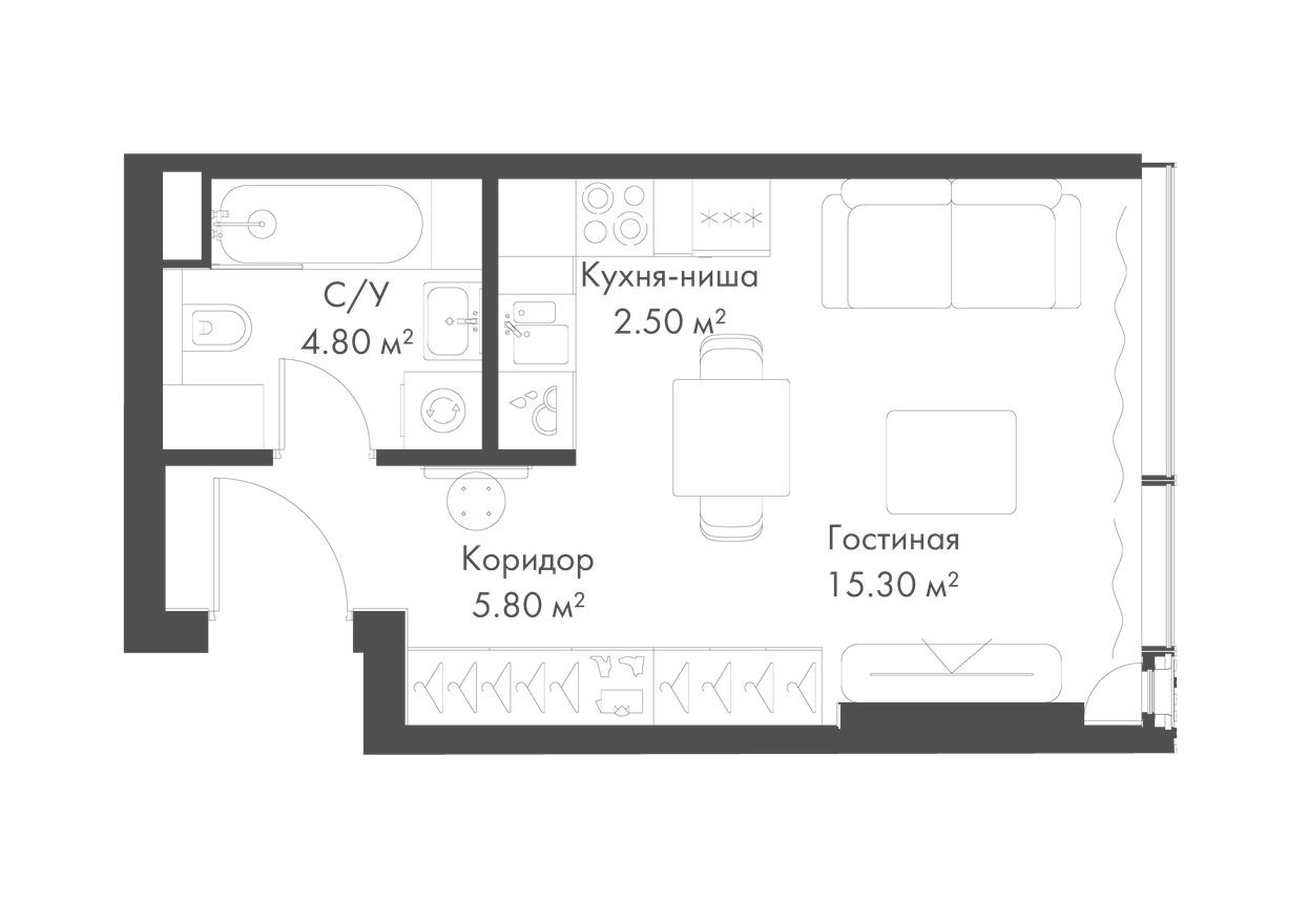 Студия-квартира, 28.4 м²