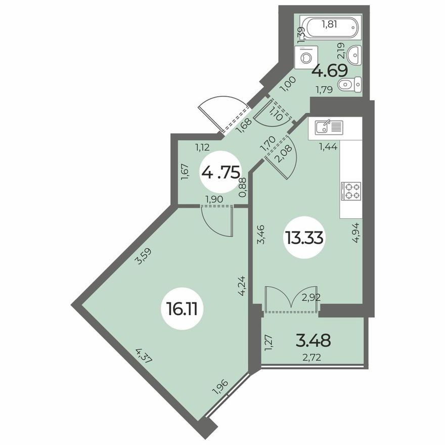 1к. квартира, 40.6 м²