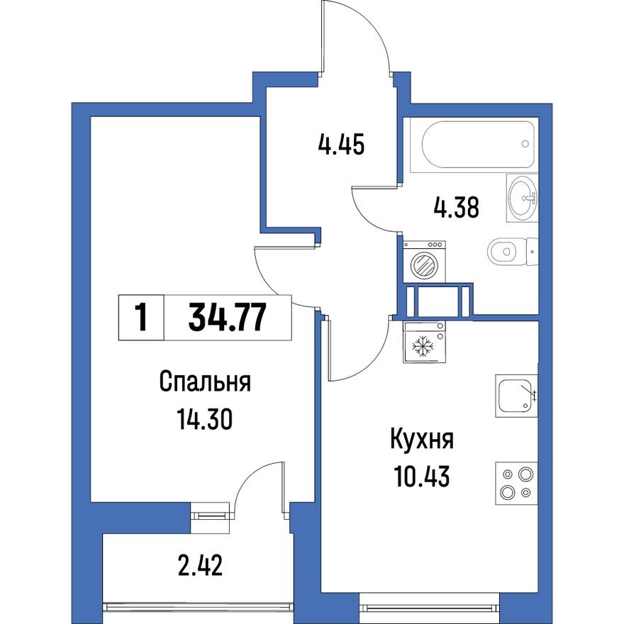Планировка — 1к. квартира, 34.8 м²