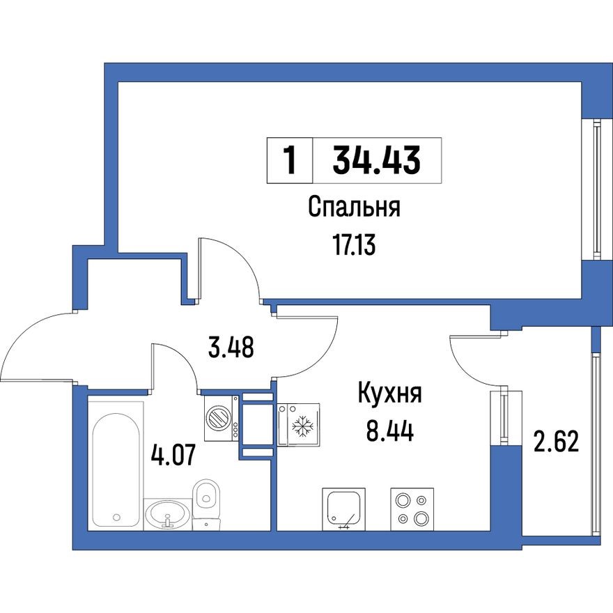 Планировка — 1к. квартира, 34.4 м²