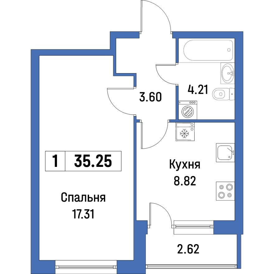 Планировка — 1к. квартира, 35.3 м²