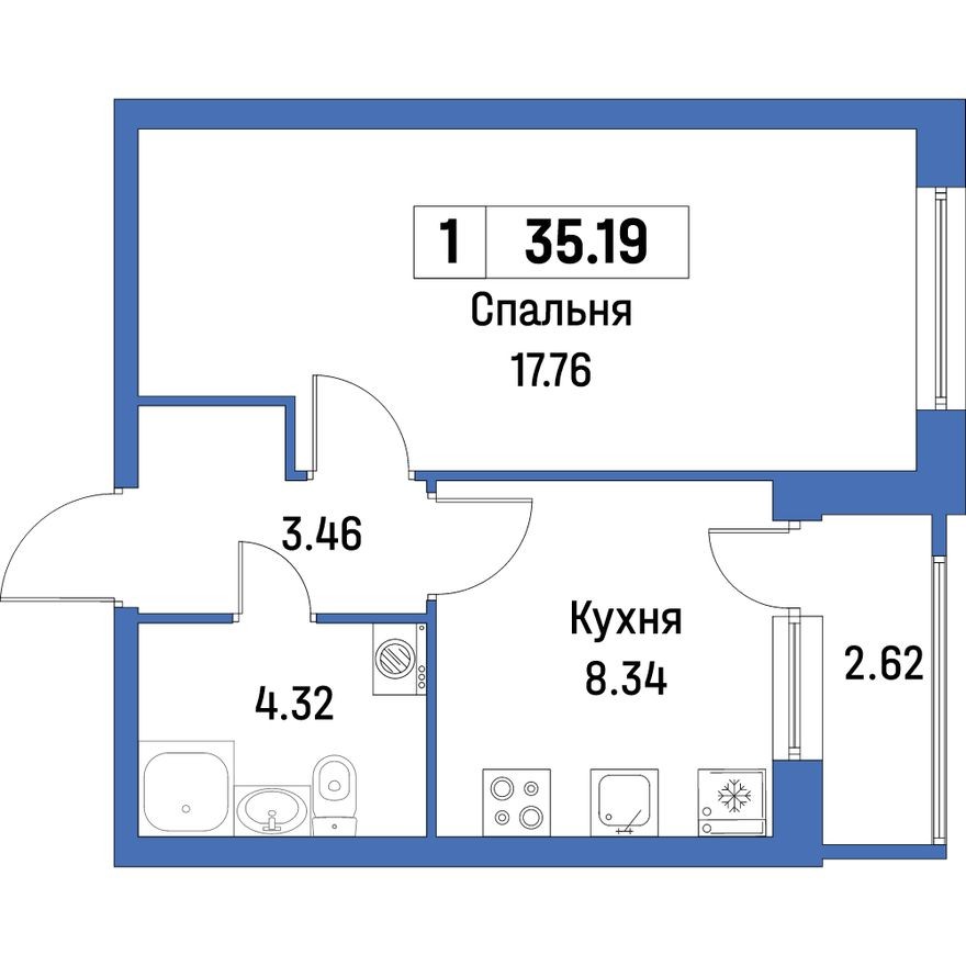 Планировка — 1к. квартира, 35.2 м²