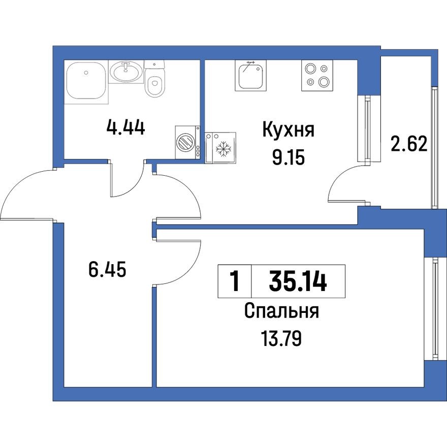 Планировка — 1к. квартира, 35.1 м²