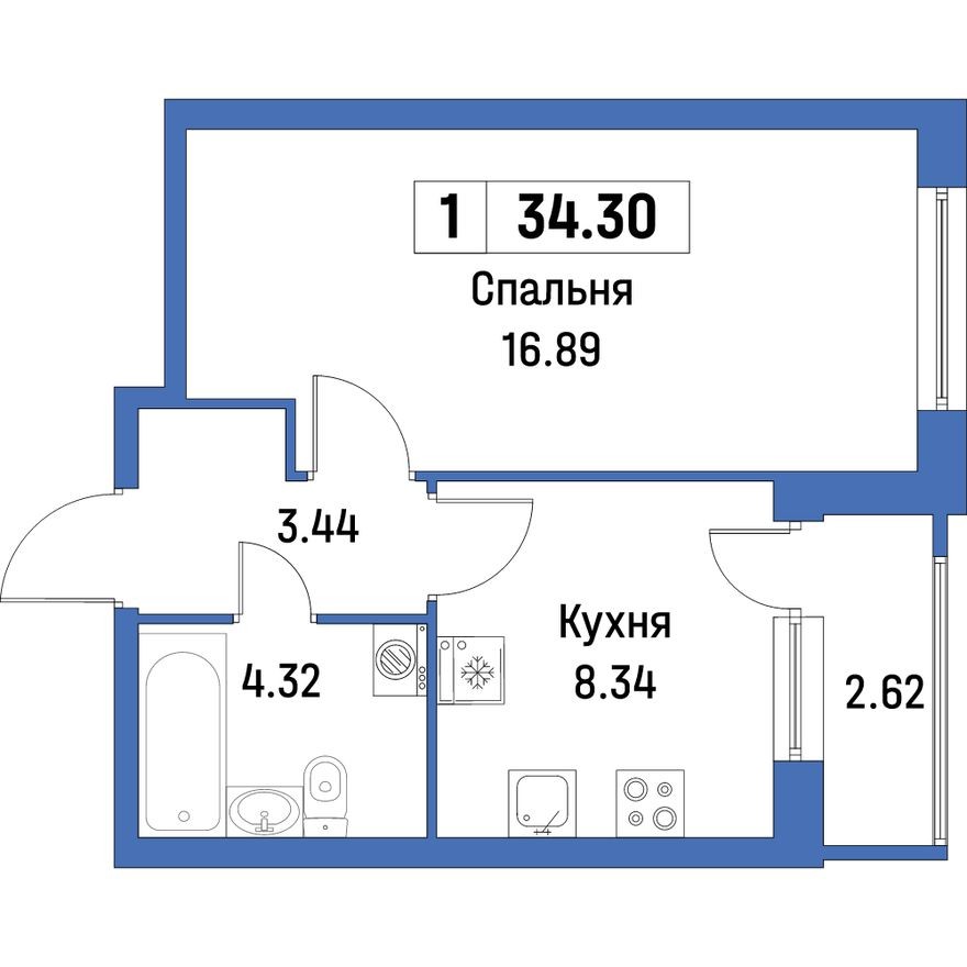 Планировка — 1к. квартира, 34.3 м²