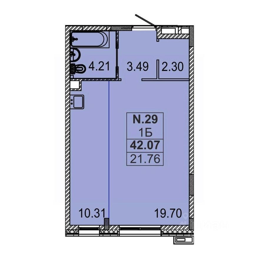 1к. квартира, 41.6 м²