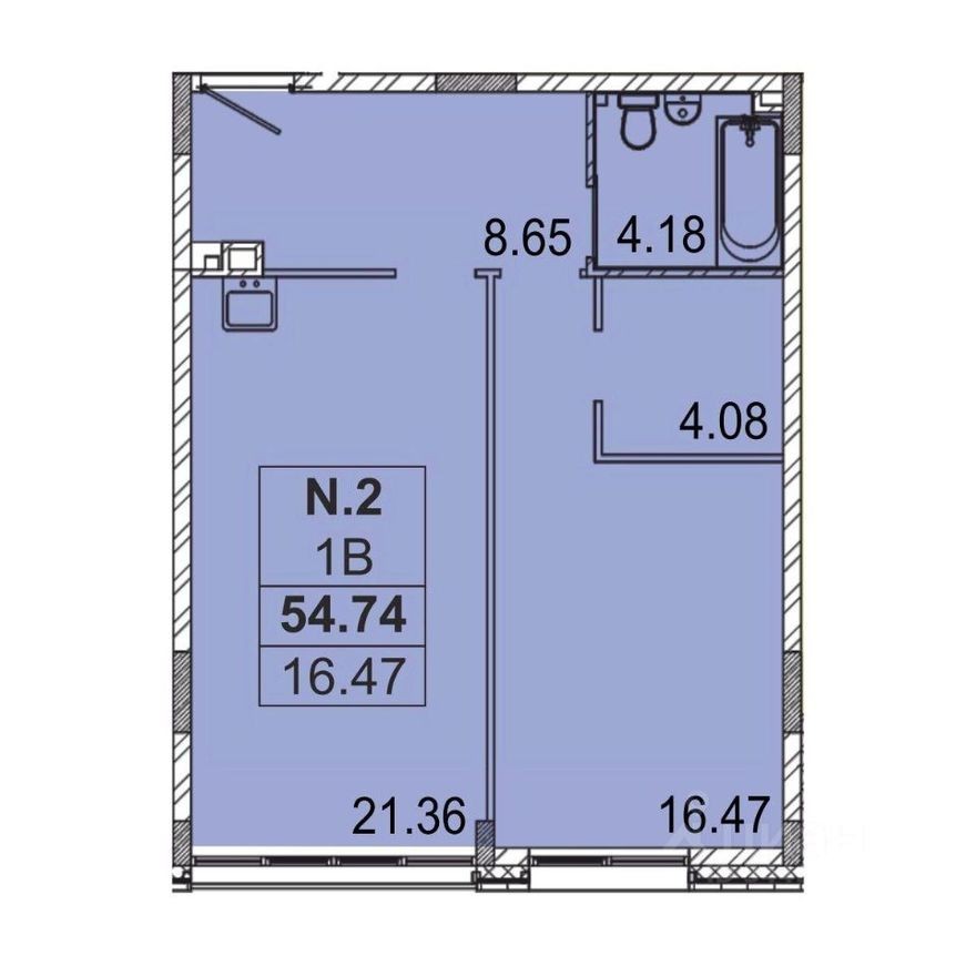 1к. квартира, 54.9 м²