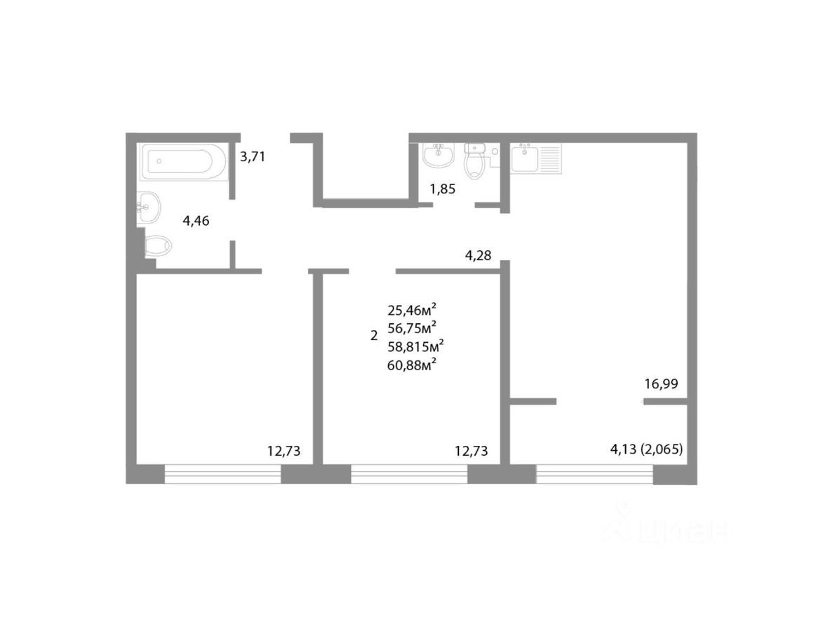 2к. квартира, 58.8 м²