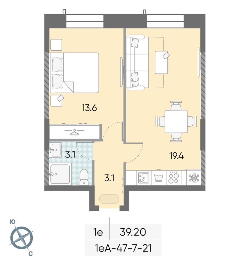 1к. квартира, 39.2 м²