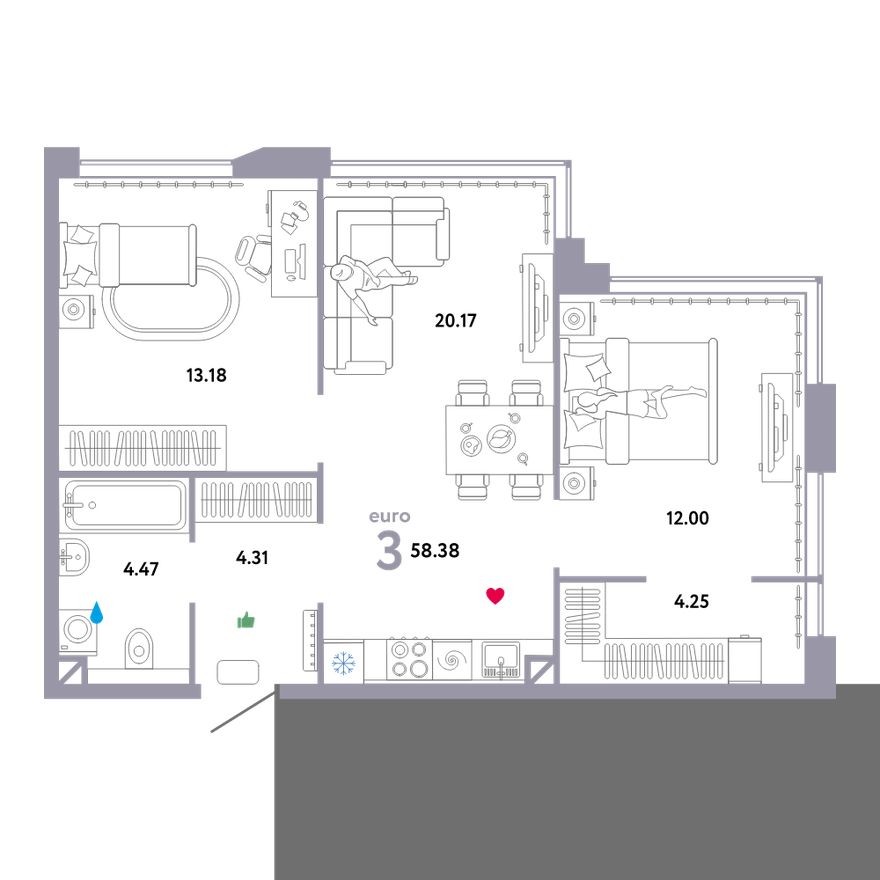3е квартира, 58.4 м²