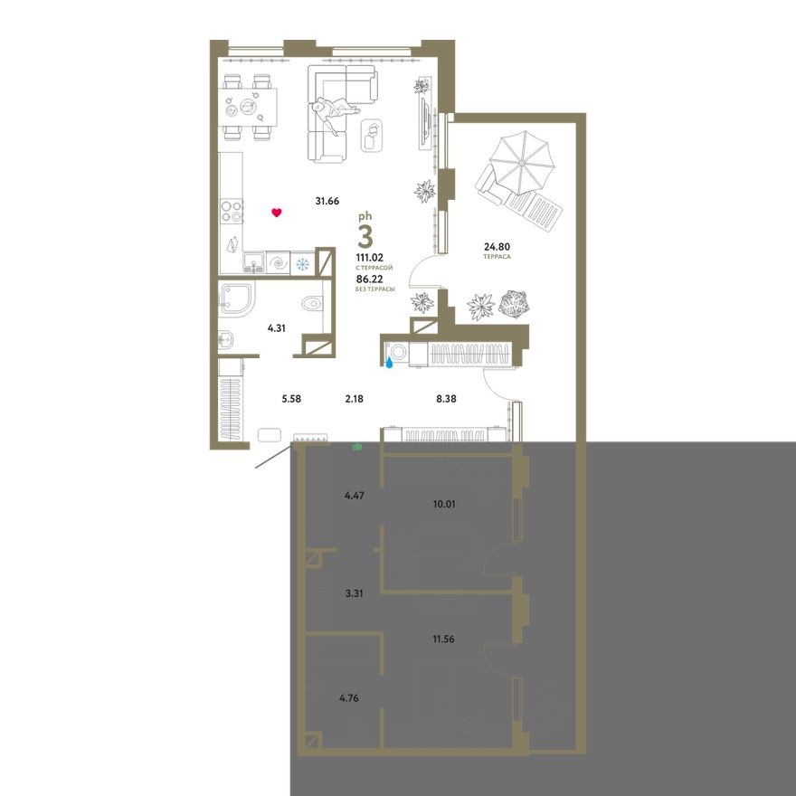 3е квартира, 111.0 м²