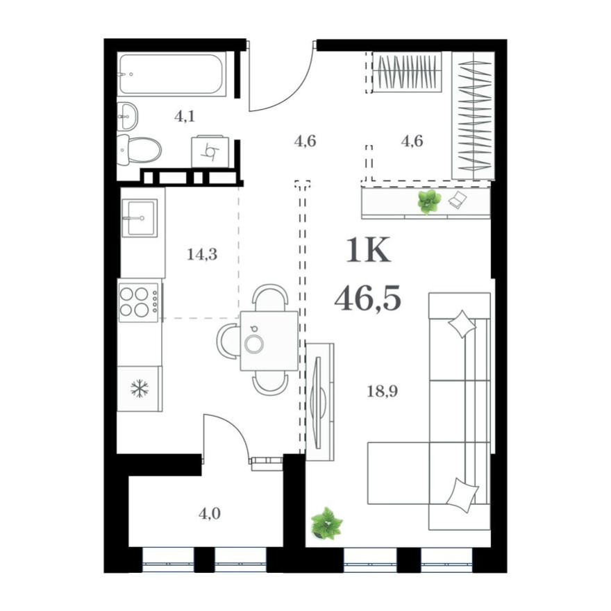 1к. квартира, 49.6 м²