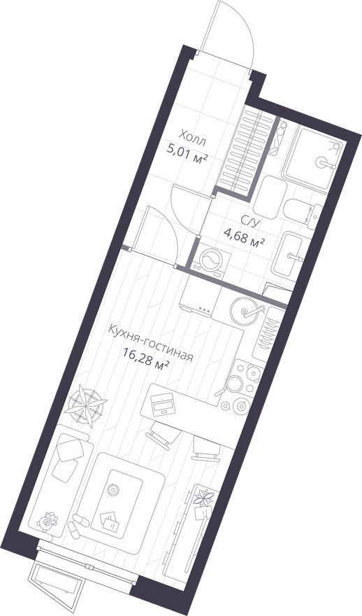 Студия-квартира, 26.0 м²