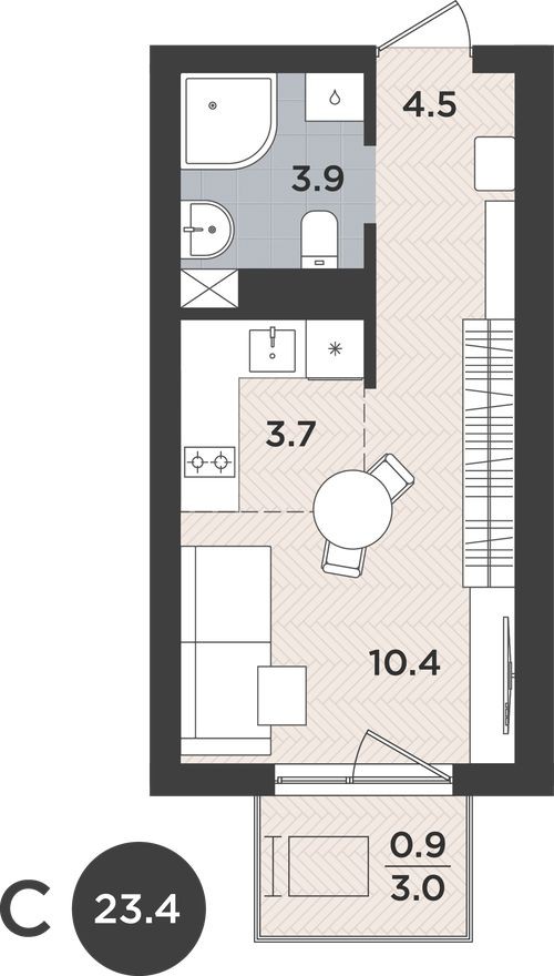 Студия-квартира, 23.4 м²